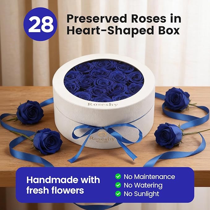 Valentines Day Flowers Roses Gifts for Her,28pcs BlueForever Preserved Roses in Round Gift Box,Valentines Day Delivery Prime Gifts-Roses Gifts for Women,Mom.