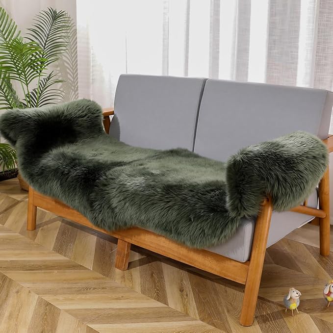 AOGELAN Premium Genuine Fur Sheepskin Rug, Real Australia Sheepskin Natural Luxury Fluffy Lambskin Fur Area Rug Seat Covers for Kids Bedroom Sofa Chair Cover (Dark Green, Double Pelt/2ft x 6ft)