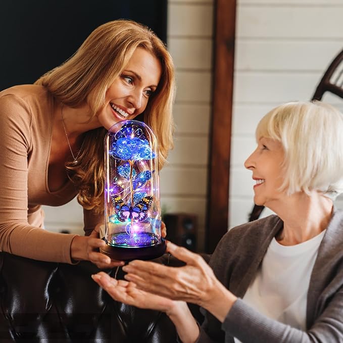 Mothers Day Rose Gifts for Mom Birthday Gift for Women, Rechargeable Galaxy Glass Rose in Glass Dome Crystal Eternal Roses Butterfly Mother's Day Flowers Gifts for Women Mom Wife Grandma Daughter Blue