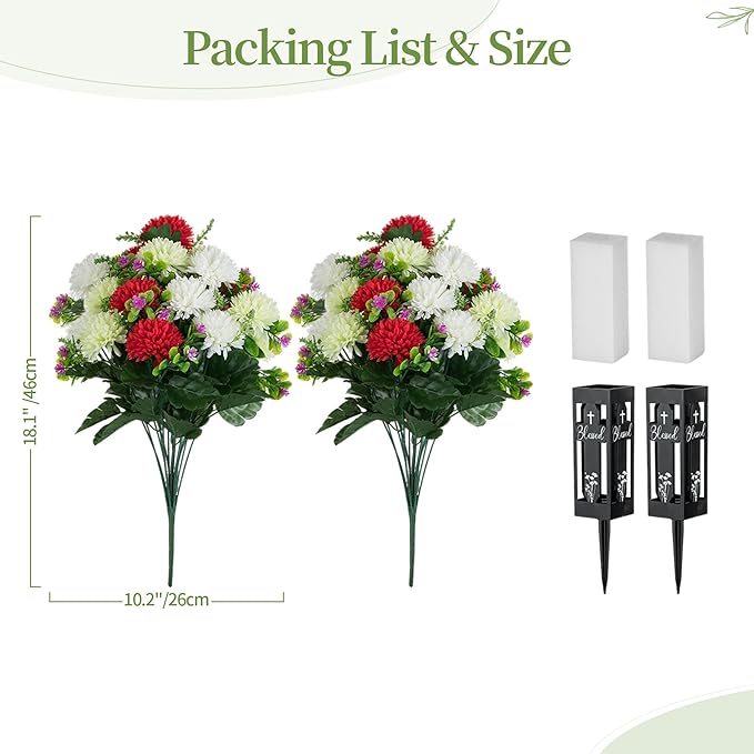 Artificial Cemetery Flowers for Grave: 2 Pcs 18 Heads Fake Mums Flowers with Vase for Cemetery Spring Decorations Outdoor Grave
