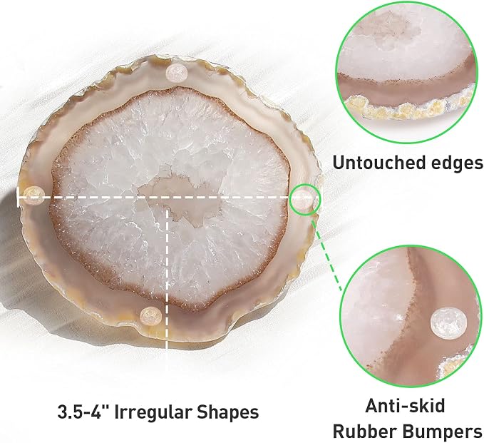 Natural Geode Agate Coaster for Drinks Set of 4 | Natural Stone Coasters 3.5-4", Decorative Gemstone Coasters for Coffee Table, Bar or Desk, Housewarming Gift for Friends