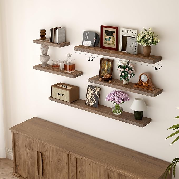 BGMG 36 inch Walnut Floating Shelves for Wall Set of 2, Solid Real Wood Rustic Mount Shelves for Living Room Bedroom Kitchen Farmhouse with Sturdy Hidden Bracket-36x 6.7 inch