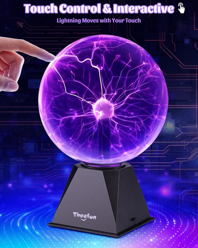 Theefun Plasma Ball, 8 Inch Huge Plasma Globe Birthday Gifts Touch & Sound Sensitive Ball Lamp Electric Lightning Novelty Light for Parties, Home, Prop, Room Decoration, Purple