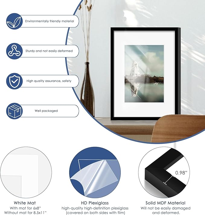 PEALSN 16x20 Picture Frame Set of 6, Display Pictures 11 x 14 with Mat or 16 x 20 without Mat for Wall Mounting Display, Poster Frames Collage for Wall Decor, Black.