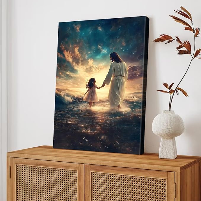 Eysintum Framed Jesus Wall Art, Jesus with Girl Canvas Print, Christian Faith Inspirational Decor for Kids Room Nursery Living Room 12x16in Ready to Hang