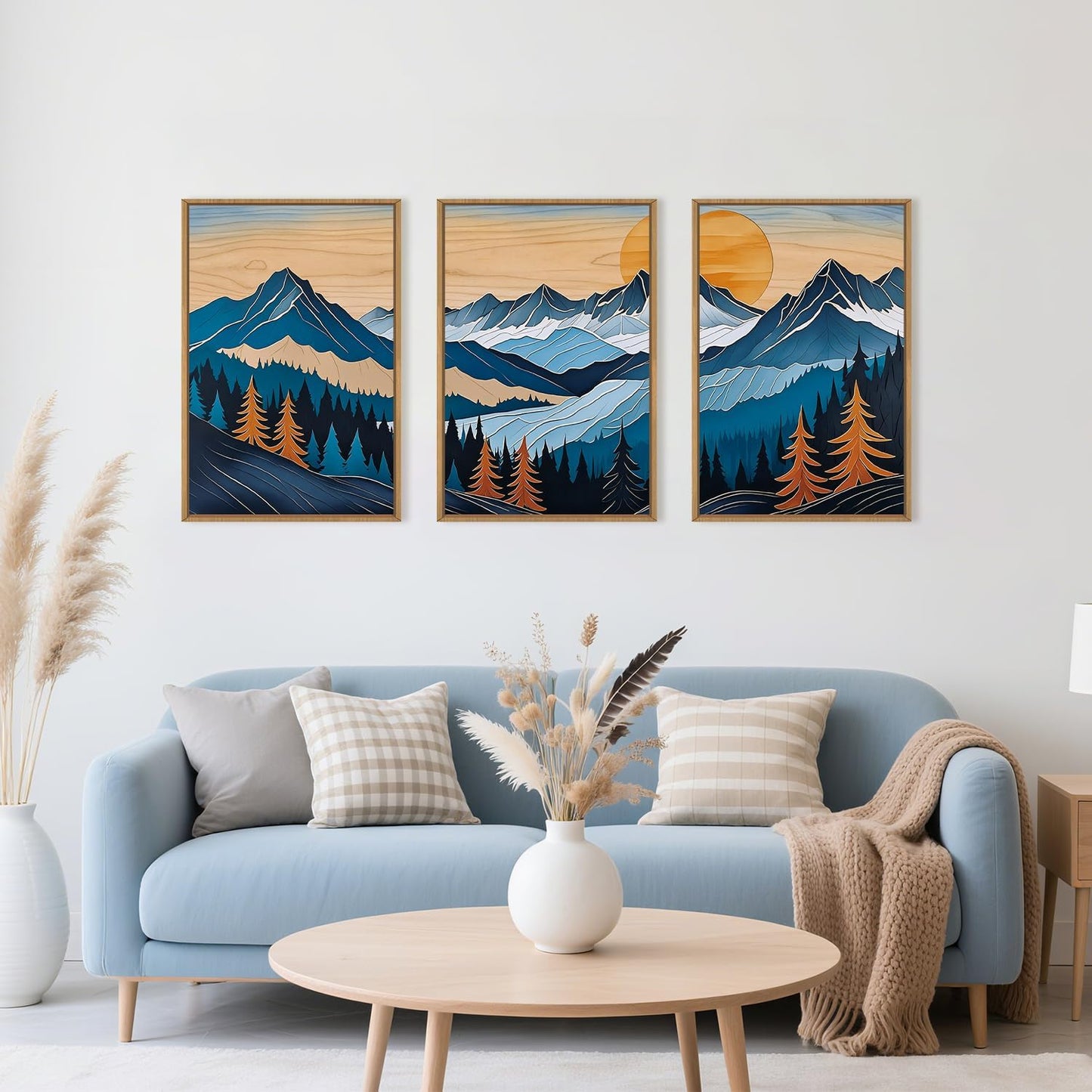 Blue Woodcut Mountain Framed Canvas Wall Art Set, Boho Abstract Ridge Wall Decor, Pine Tree Landscape Wall Painting, Sunrise Forest Art Print for Living Room, Bedroom, Office - 16"X24"X3