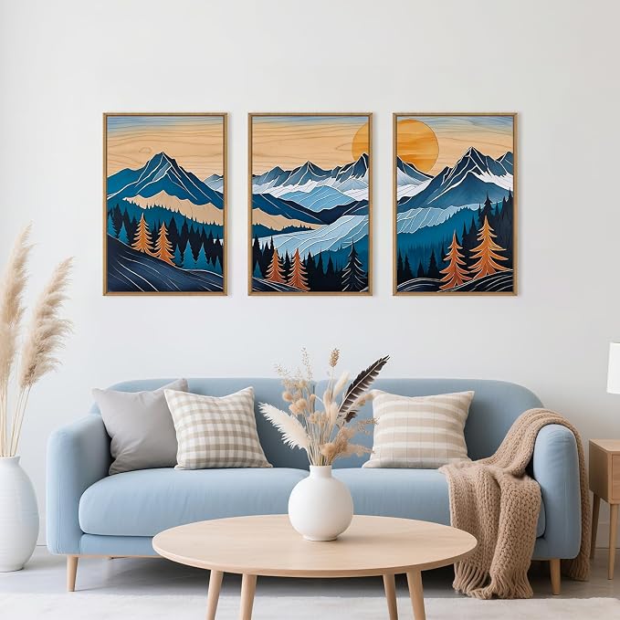 Celestdeco Boho Vintage Mountain Framed Canvas Wall Art Set, Blue Abstract Ridge Wall Decor, Woodcut Pine Tree Landscape Wall Painting, Sunrise Forest Art Print for Living Room, Bedroom, Office - 16"X24"X3