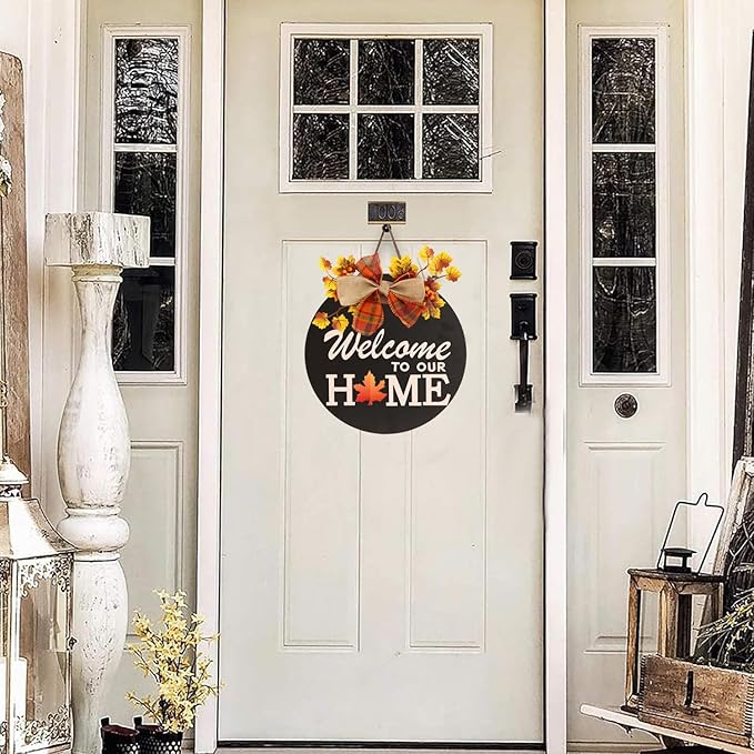 Interchangeable Welcome Sign for Front Door Decoration with 4 Seasonal Wreaths and 14 Holiday Icons, Black Welcome Door Hanger, Rustic Wooden Front Porch Sign Home décor（Black）