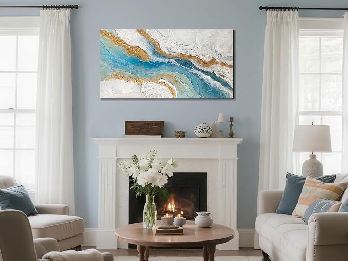Arjun Abstract Wall Art for Living Room Blue Minimalism White Gold Canvas Painting Bedroom, Modern Picture Prints with Textured Artwork Framed Hallway Kitchen Home Office Decor 40“x20”