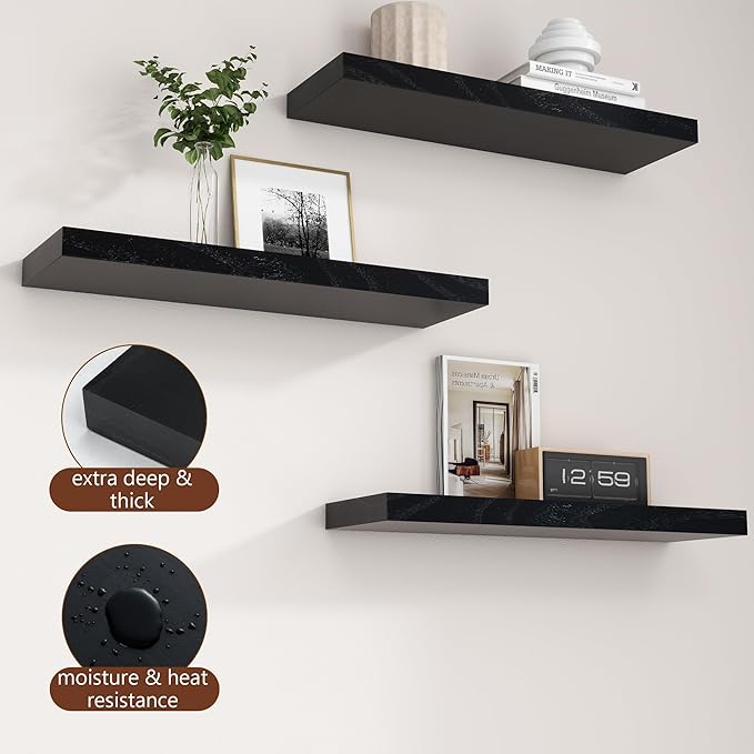 fuqing Black Floating Shelves | 24 Inch Wood Floating Shelves for Wall Set of 2 | 24" W x 6.7" D x 1.4" H Rustic Black Wooden Shelves for Bathroom Living Room Bedroom Kitchen