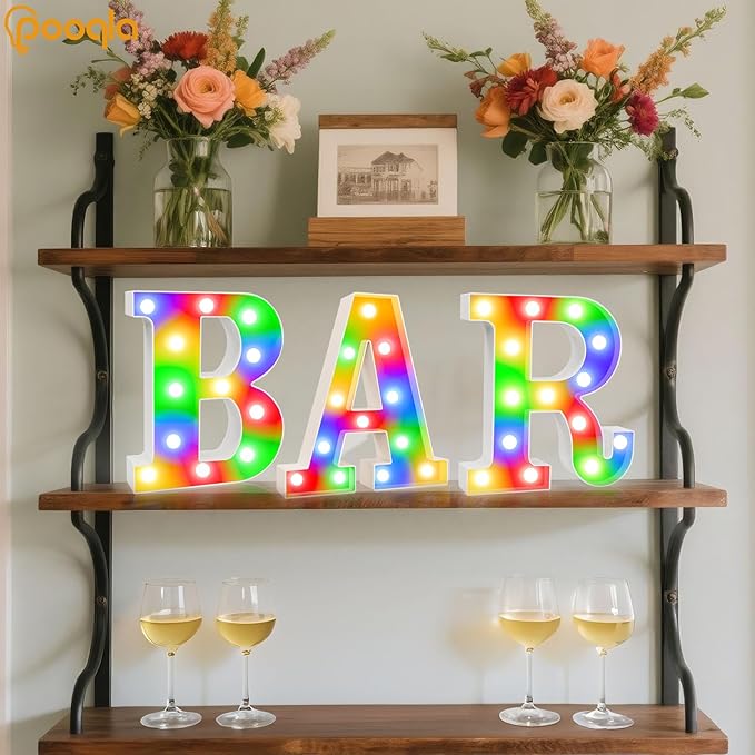 BAR - Illuminated Marquee Bar Sign for home decor - Light up LED Marquee Word Sign - Pre-Lit Pub Light Battery Operated, Valentines Day Gifts for Him (Colorful)