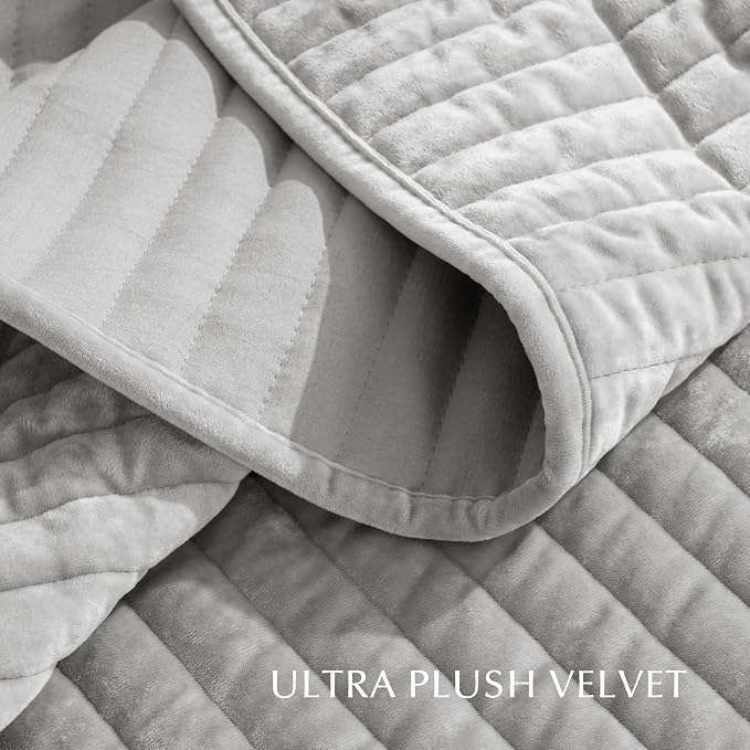 EverGrace Velvet Quilt Set Queen Size, Luxurious Soft Striped Channel Bedding Set, Lightweight Velvet Comforter for All Season, Oversized Bedspread Coverlet with 2 Matching Shams, Frost Gray