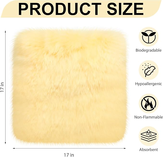 Drydiet 2 Pcs Natural Sheepskin for Bed Sores and Skin Imitation Wool Medical Sheepskins with Non-Slip Back for Pain Relief and Discomfort, Wool Seat Pad, 17 in x 17 in (Square,Beige)