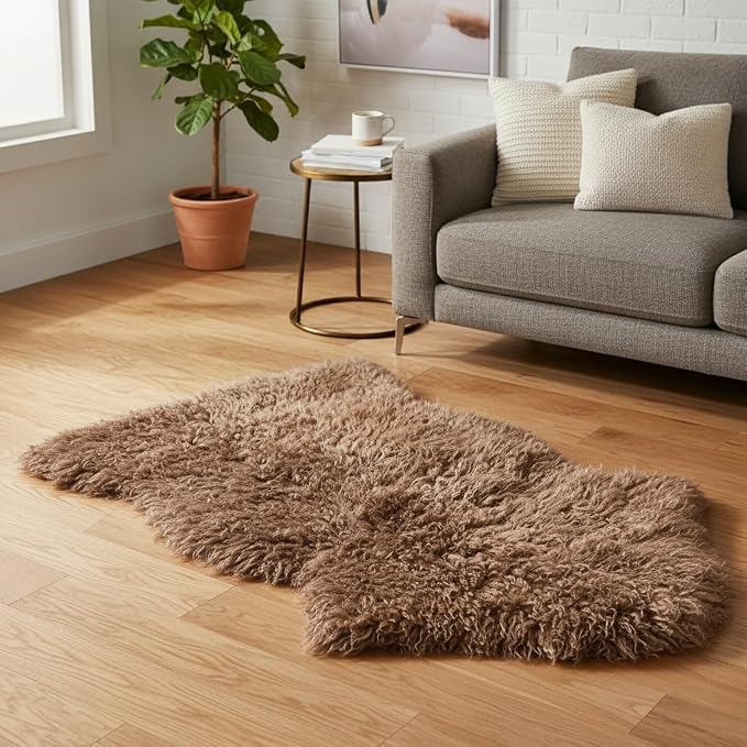 Genuine Sheepskin Rug – Soft & Fluffy Curly Hair Single Pelt (2' x 3') Dark Beige Lambskin Area Rug for Bedroom or Living Room – Made in Argentina