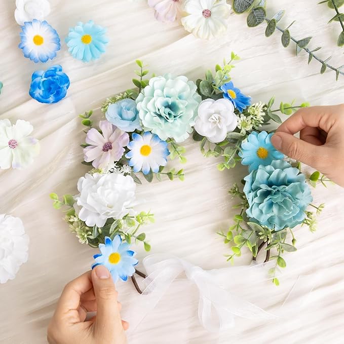 ATTGREAT 310 Pcs Fake Flower Heads Mini Artificial Flower Bulk Silk Flowers for Decoration Small Faux Flower Heads Fabric Daisy Buds Floral for Crafts DIY Wedding Party Baby Shower Home Decor, Blue