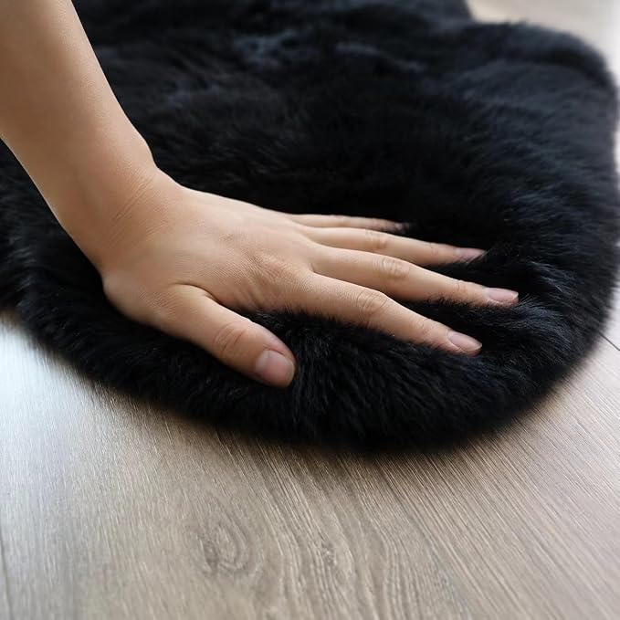 Sheepskin Rug, Fluffy Shag Area Rug, Super Soft 24” x 72“ Sheepskin Hair Rug, Inky Black Pile Rug, Decorative Throw Rugs for Bedrooms, Children's Rooms, Living Rooms (Inky Black, 24" x 72")