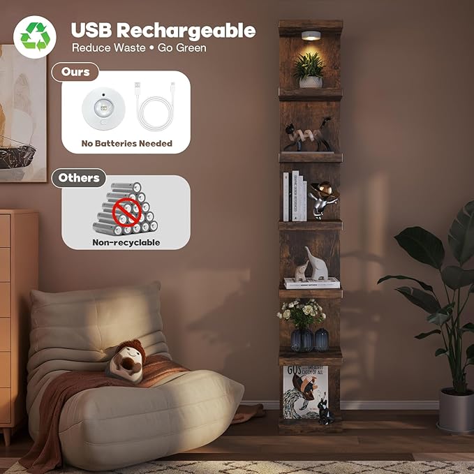7-Tier Wall Shelf Unit with USB Rechargeable Led Light (Remote Controlled),Versatile Floating Display Shelves,Lack Style Wall Shelves for Bedroom,Living Room,Office Decor,Vanity-Rustic Brown