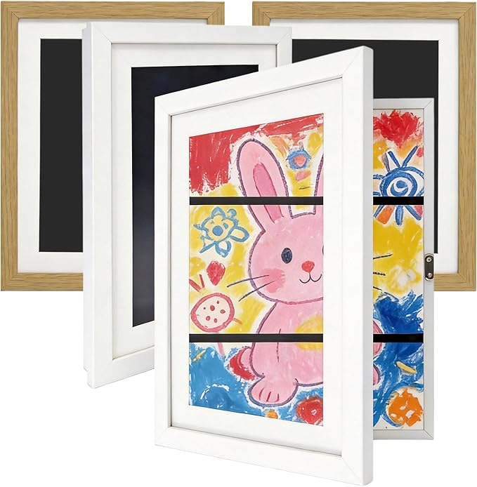 Kids Art Frames 8.5x11, 4-Pack Front Opening Changeable Picture Frames for Kids Artwork, Holds 150 Pieces Each, Artwork Storage and Wall Display Frame for Drawings, Portfolio, White & Wood