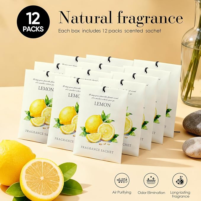 Lemon Scented Sachet Bags - 12 Pack Drawer & Closet Freshener, Long Lasting Odor Eliminator for Wardrobes, Cars & Storage, Home Fragrance Air Freshener Sachets