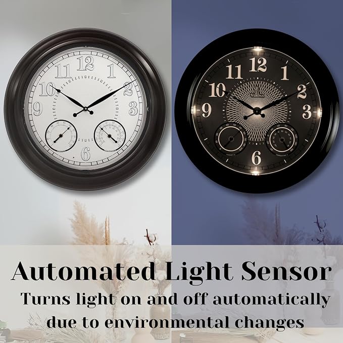 24 inch Illuminated Outdoor Clock for Patio, Waterproof with Thermometer - Large Night Light Wall Clock with Smart LED Sensor, Temperature and Humidity - Weatherproof & Easy to Read for Patio & Home