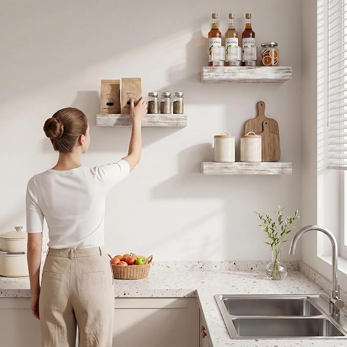 Square Floating Shelves for Wall, 12" W x 12" D x 1.5" H, 3 Pack Small Wall Mounted Engineered Wood Shelves with Invisible Brackets for Living Room, Bedroom, Bathroom, Kitchen Decor, Vintage White