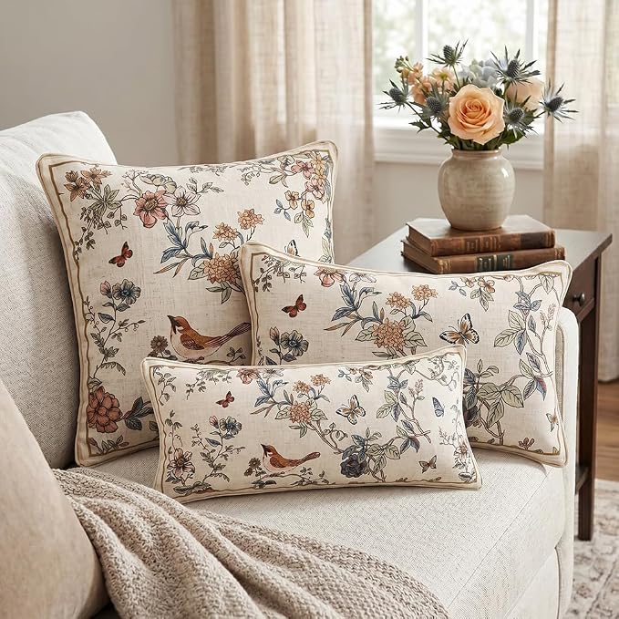 ISAENNE Designer Vintage Linen Throw Pillow Cover,18"x18"-Cornucopia A | Elegant French Square Pillow Cover,Concealed Zipper,Floral and Bird Pattern,Sofas,Bedroom,Living Room,Lounge Chairs