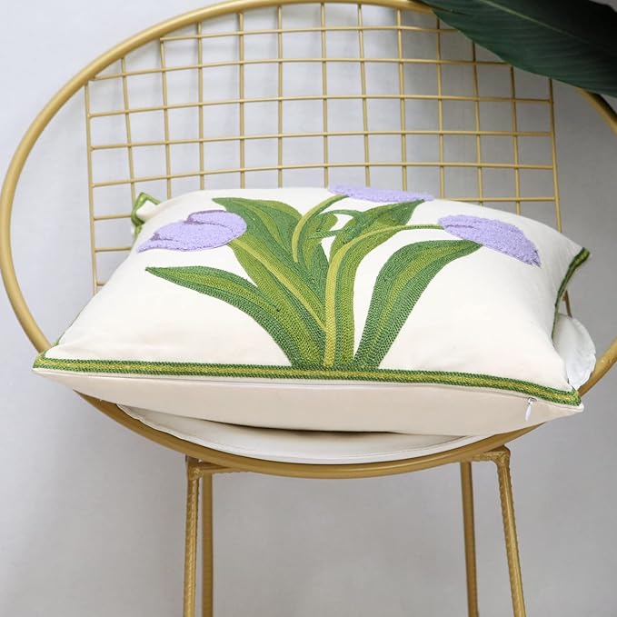 Pack of 2 Embroidered Decorative Throw Pillow Cover 18x18 Inch Farmhouse Floral Pillowcase for Living Room Sofa Bed (Purple Tulip)