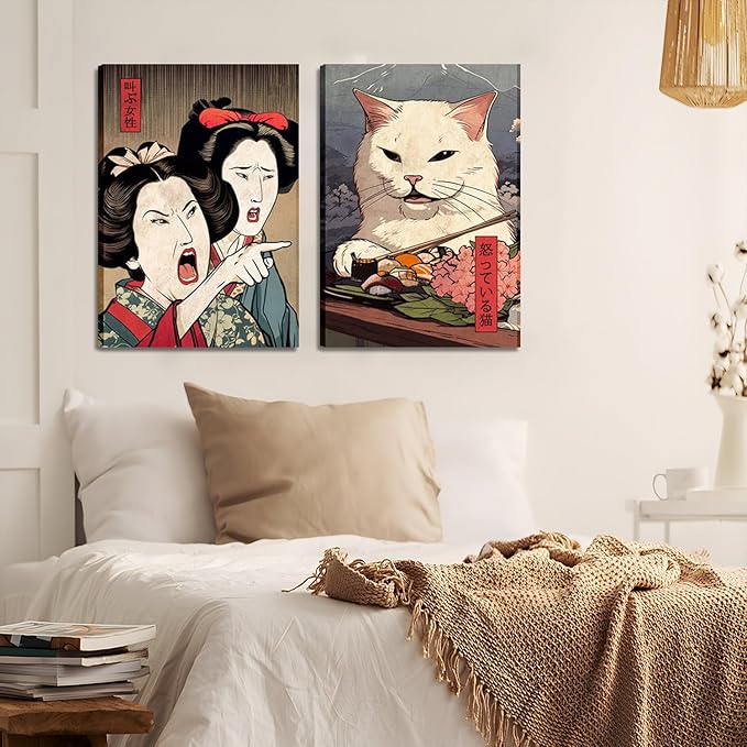 Funny Anime Posters Japanese Decor Set of 2 - Woman Yelling at Cat Canvas Wall Art, Vintage Anime Cat Wall Decor for Living Room, Corridor, Kitchen Home Decor - 12x16 in Framed