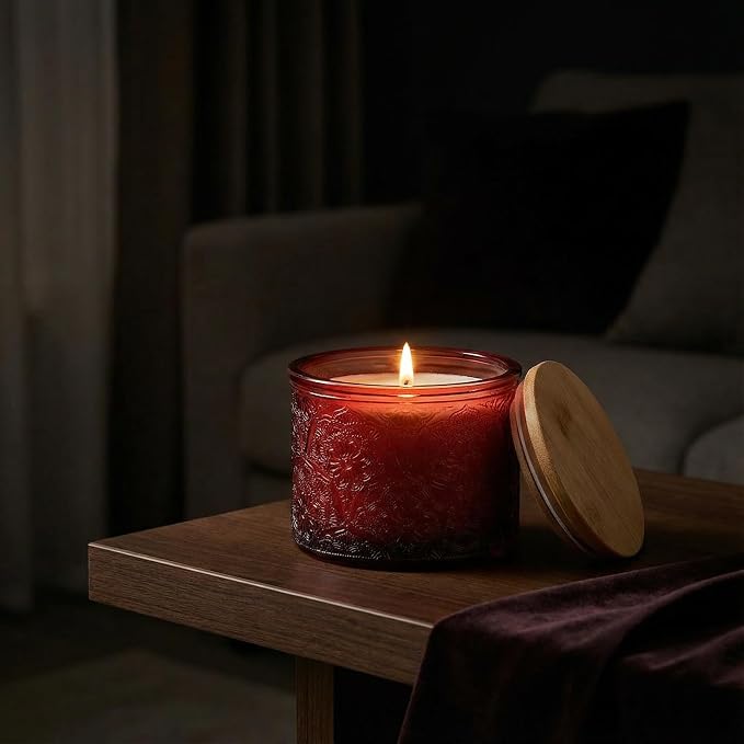 10 oz Red Mandala Glass Candle Jars with Bamboo Lids, 9 Pack | Patented Embossed Design, Includes Wick Centering Devices & Warning Labels, Multiple Color Options