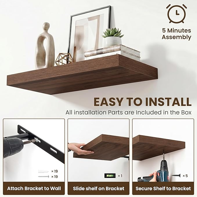Acovy 36 Inch Floating Shelves for Wall Set of 2,12" Deep Floating Shelf Wall Mounted with Invisible Brackets,Rustic Bookshelf Wooden Storage Shelf for Living Room,Kitchen,Bathroom,Walnut