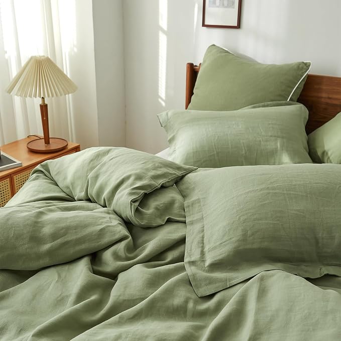 100% French Linen Pillow Shams Basic Style - Pack of 2 - Washed Solid Color Natural Flax Soft Breathable - Sage Green, 20'' x 26''