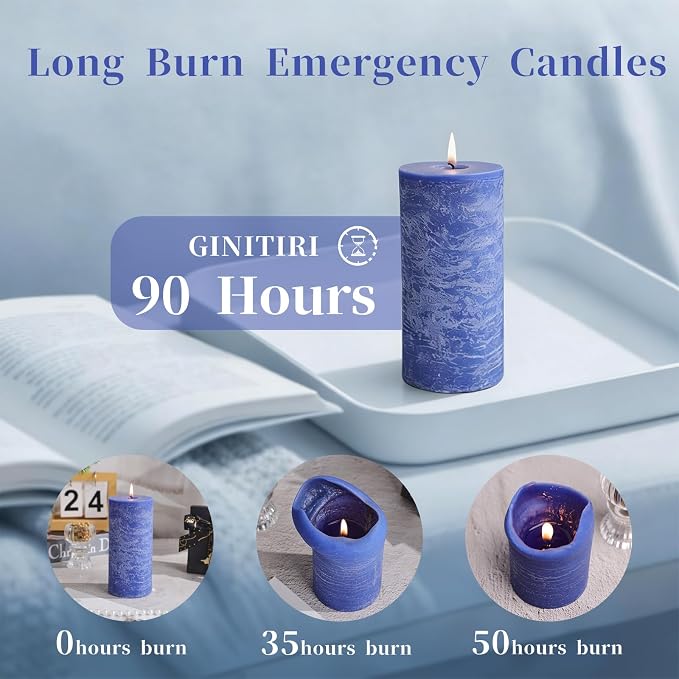 6 Pack Blue Soy Pillar Candles, 2.8x6 in Natural Unscented Soy Wax Candles, 540 H Burn Time, Non-Toxic, Smokeless Dripless Hand-Poured Rustic Pillar Candle for Dinner, Wedding, Home, Bathroom