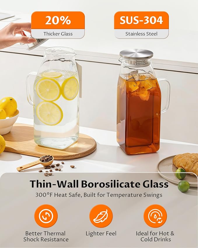 2-Pack 68oz Square Glass Water Pitcher with Lid – Borosilicate Carafes with Handle and Filter Lid for Hot & Cold Beverages, Iced Tea, Coffee, and Fridge Door Use