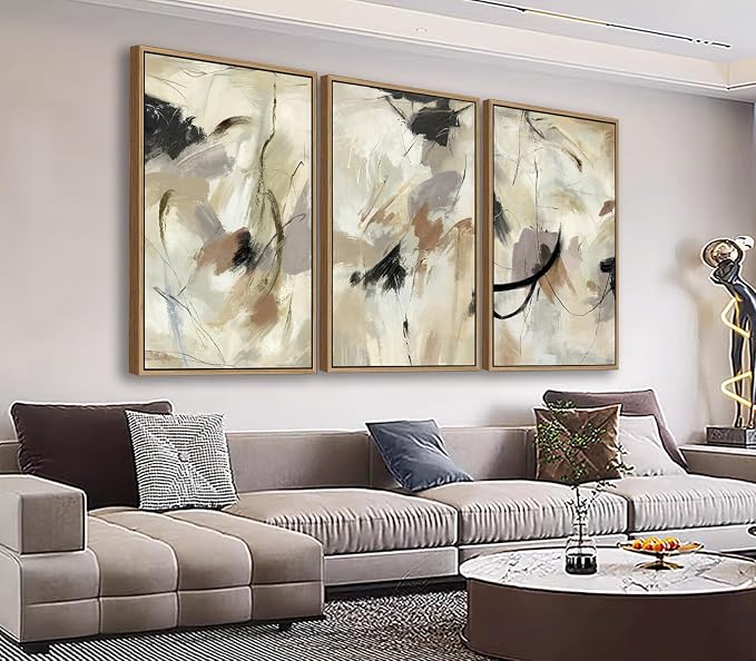 Large Framed Wall Art for Living Room Natural Wood Gold Float Framed Art Set of 3 Abstract Canvas Pictures Minimalist Artwork Canvas Prints for Bedroom Home Office Wall Decor 20X28inX3pcs