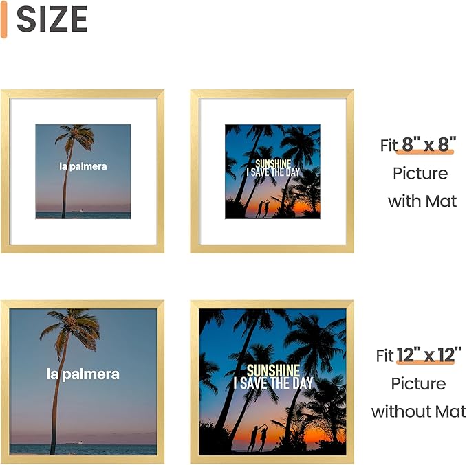 upsimples 12x12 Picture Frame, Display Pictures 8x8 with Mat or 12 x 12 Without, Wall Hanging Square Frames, Gold, 1 Pack