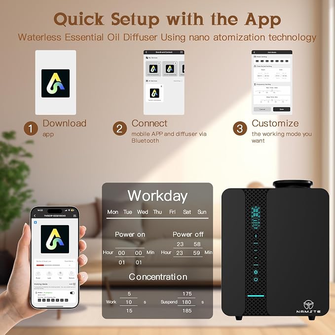 Waterless Diffuser Smart APP Control 2000 Sq.Ft Oil Level Monitoring | Diffusers for Home Smart LCD Touch, 200ML Essential Oil Diffuser for Large Room, Hotel, Office, Luxurious Metal