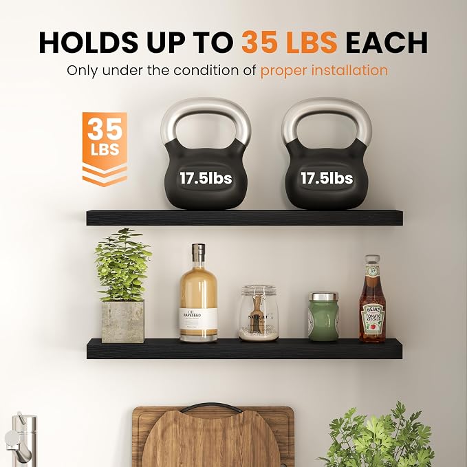 Fun Memories Floating Shelves for Wall, 30 Inch Set of 2 Rustic Wood Wall Shelves with Invisible Brackets, Heavy Duty Storage Display for Living Room Bedroom Kitchen, Black