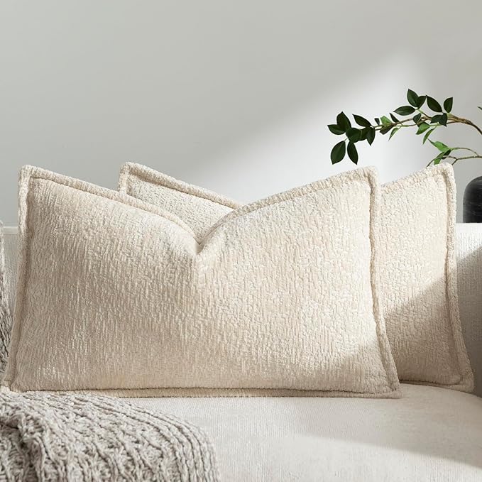 DEZENE Pack of 2 Beige Decorative Throw Pillow Covers 12x20 Cozy Soft Chenille Boho Accent Vintage Farmhouse Rectangular Lumbar Couch Pillow Covers for Home Decor Bed Sofa Living Room