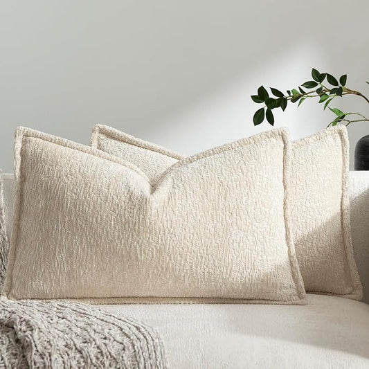 DEZENE Pack of 2 Beige Decorative Throw Pillow Covers 12x20 Cozy Soft Chenille Boho Accent Vintage Farmhouse Rectangular Lumbar Couch Pillow Covers for Home Decor Bed Sofa Living Room