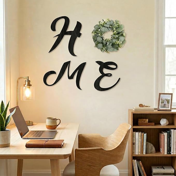 Pinkpum Wood Home Sign with Artificial Eucalyptus Wreath for O, Hanging Farmhouse Wall House Decor Wood Letters for Wall Art Rustic Home Decor, Wall Decor for Living Room Kitchen Entryway (Black)