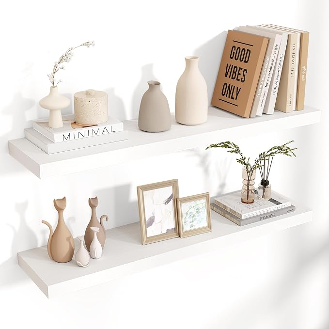 36" Wide x 8" Deep Floating Shelves for Wall, White Finish, 2-Pack | Engineered Wood Wall Shelves with Invisible Brackets for Living Room, Bedroom, Bathroom, Office & Kitchen Storage