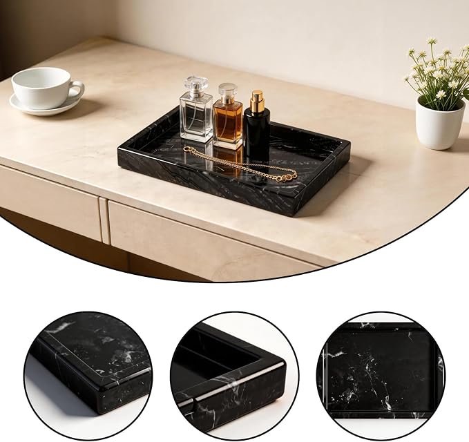 Black Marble Tray,Marble Tray,Elegant Vanity Organizer for Perfume, Jewelry, and Bathroom Essentials