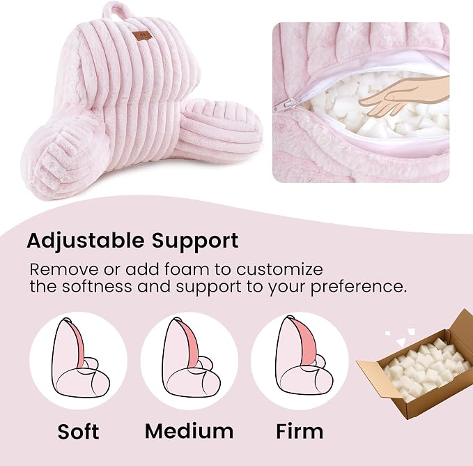 Amélie Home Faux Fur Reading Pillow with Pocket for Sitting in Bed, Kids Backrest Bed Pillow with Washable Cover for Lounging, Watching TV/Gaming/Resting/Post/Surgery/Nursing, Light Pink 17 inches