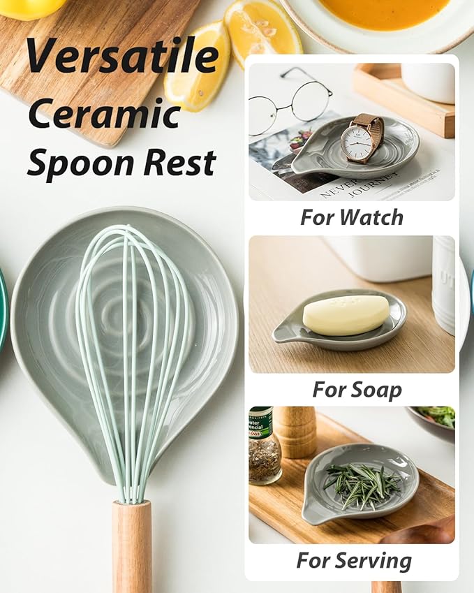 LAUCHUH Spoon Rest for Stove Top, 5 inch Ceramic Spoon Holder for Kitchen Counter Large Cooking Spoon Holder for Spatula, Ladle or Tongs, Heat-Resistant, Framhouse Decor for Mother's Day, Gray