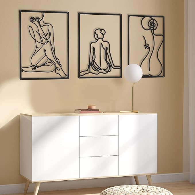 CHENGU 3 Pieces Metal Minimalist Abstract Woman Wall Art Line Drawing Wall Art Decor Single Line Female Home Hanging for Kitchen Bathroom Living Room