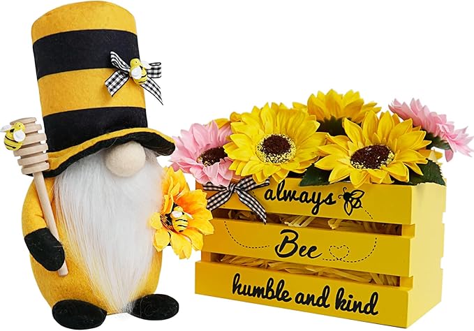 Bee Decor, Wood Bee Crate Decorations, Humble Bee Gnome Plush with Honey Dipper,Rustic Farmhouse Bee Tiered Tray Decor, Mini Wood Crate with Artificial Sunflowers Decor, Summer Decorations for Home