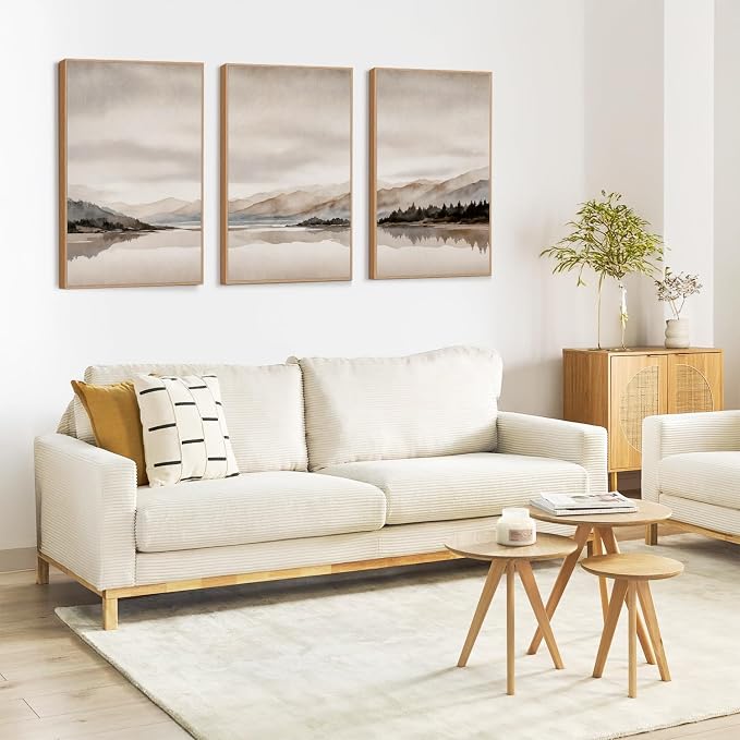 LHIUEM Abstract Mountain Brown Framed Canvas Wall Art,Neutral Watercolor Landscape Wall Decor,Minimalist Grey Beige Lake Artwork for Living Room,Bedroom,Dining Room,Office -24"x36"x3