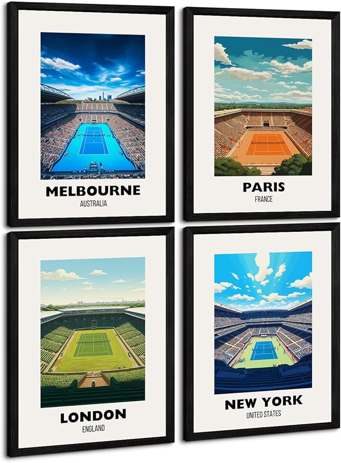 Grand Slam Wall Art Tennis Canvas Poster Sports Wall Decor Tennis Gym Prints Athlete Pictures Fashion Poster Grand Slam Club Artwork Center Painting for Living Room Bedroom 8x10 Inch Wood Framed