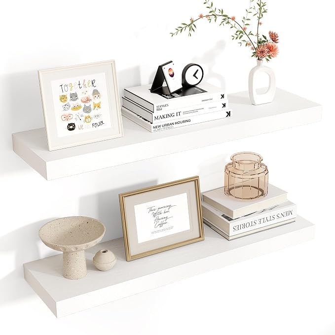 24" Wide x 6.5" Deep Floating Shelves for Wall, White Finish, 2-Pack | Engineered Wood Wall Shelves with Invisible Brackets for Living Room, Bedroom, Bathroom, Office & Kitchen Storage