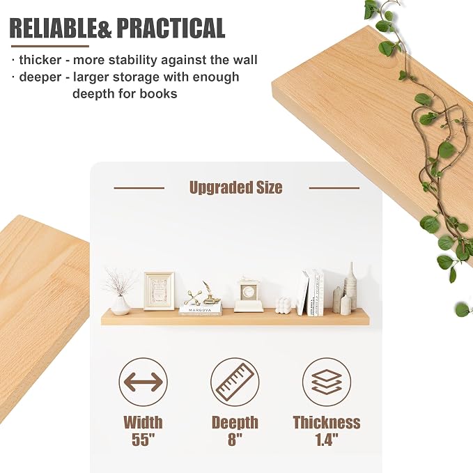 FLYJOE Floating Shelves for Wall, USA-Sourced Beech Wood 55 Inch Long Wall Shelves, Natural Wooden Mounted Picture Ledge Shelf, Nursery Book Storage Shelf Kids Bookshelf, Display Shelf for Bathroom